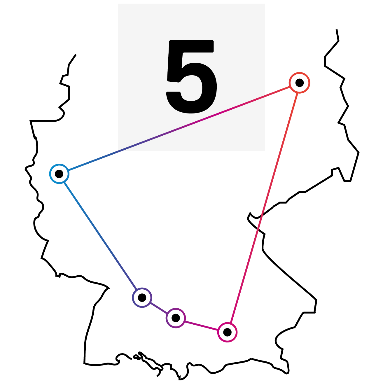 Deutschlandkarte mit den einer großen 5 symbolisch für die port-neo Standorten in Berlin, Köln, München, Ulm und Stuttgart verbunden.