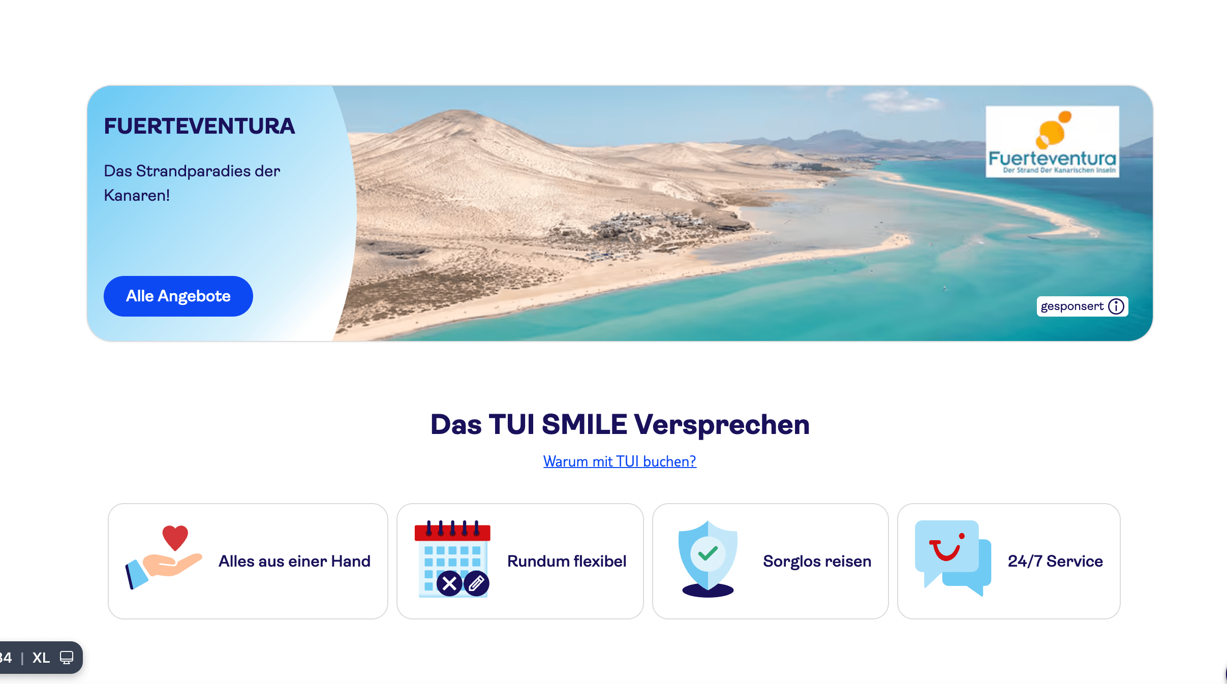 Fuerteventura-Angebot mit Strandfoto und TUI Smile Versprechen mit vier Servicevorteilen.