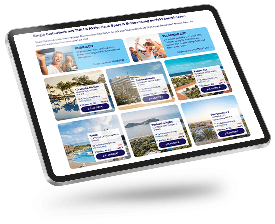Tablet zeigt TUI-Webseite mit verschieden Cluburlaub-Angeboten für Singles.