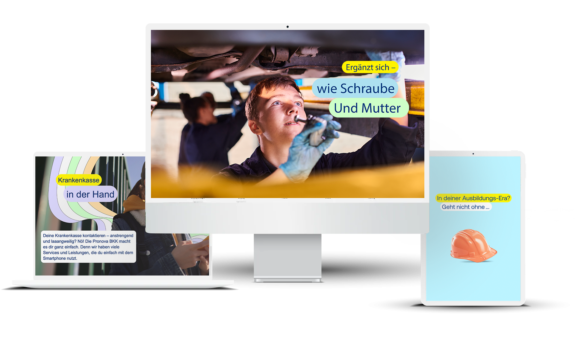Mockup des Werbemittels mit Zielgruppe Mechaniker-Azubis und weiterer Kampagnen-Formate