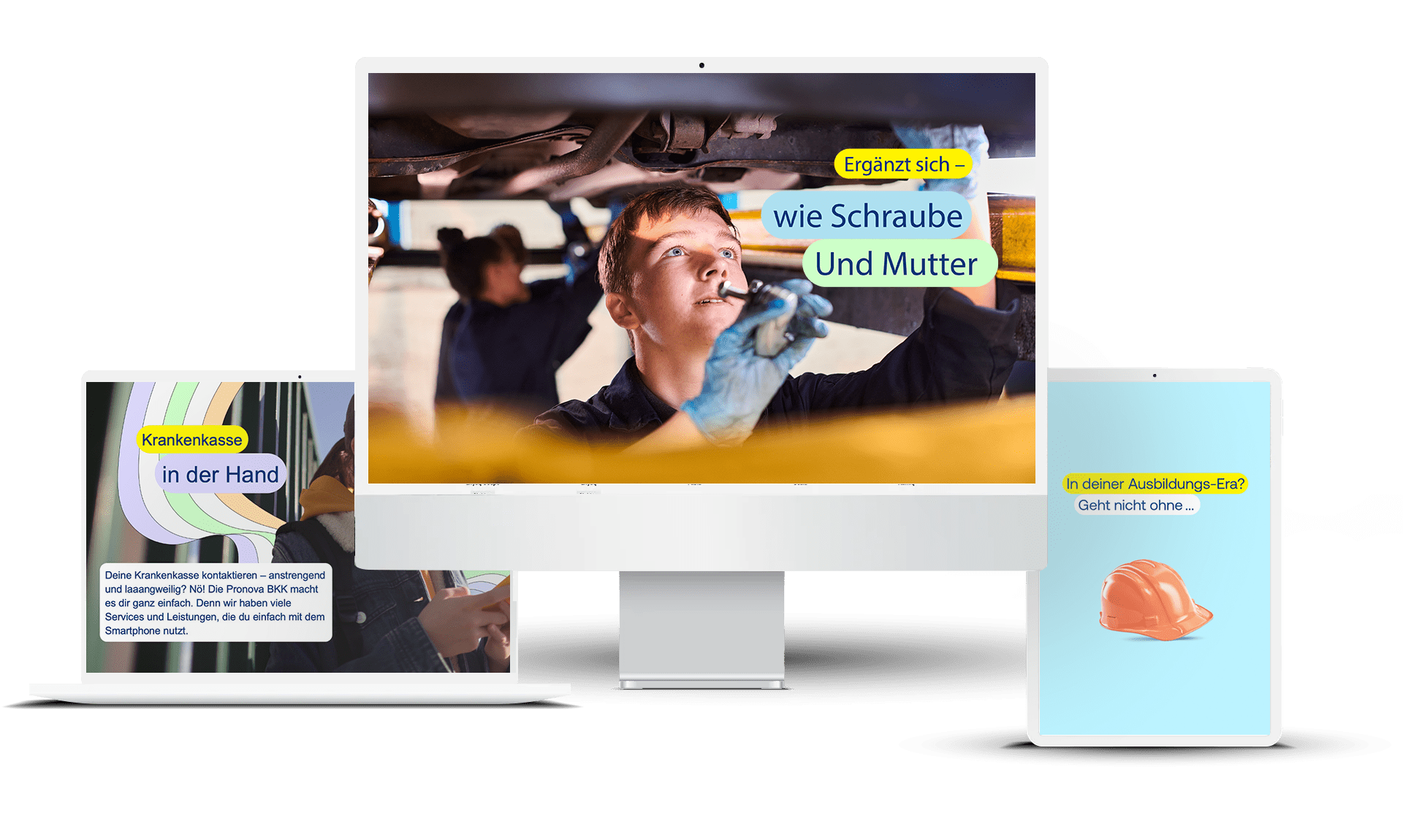 Mockup des Werbemittels mit Zielgruppe Mechaniker-Azubis und weiterer Kampagnen-Formate