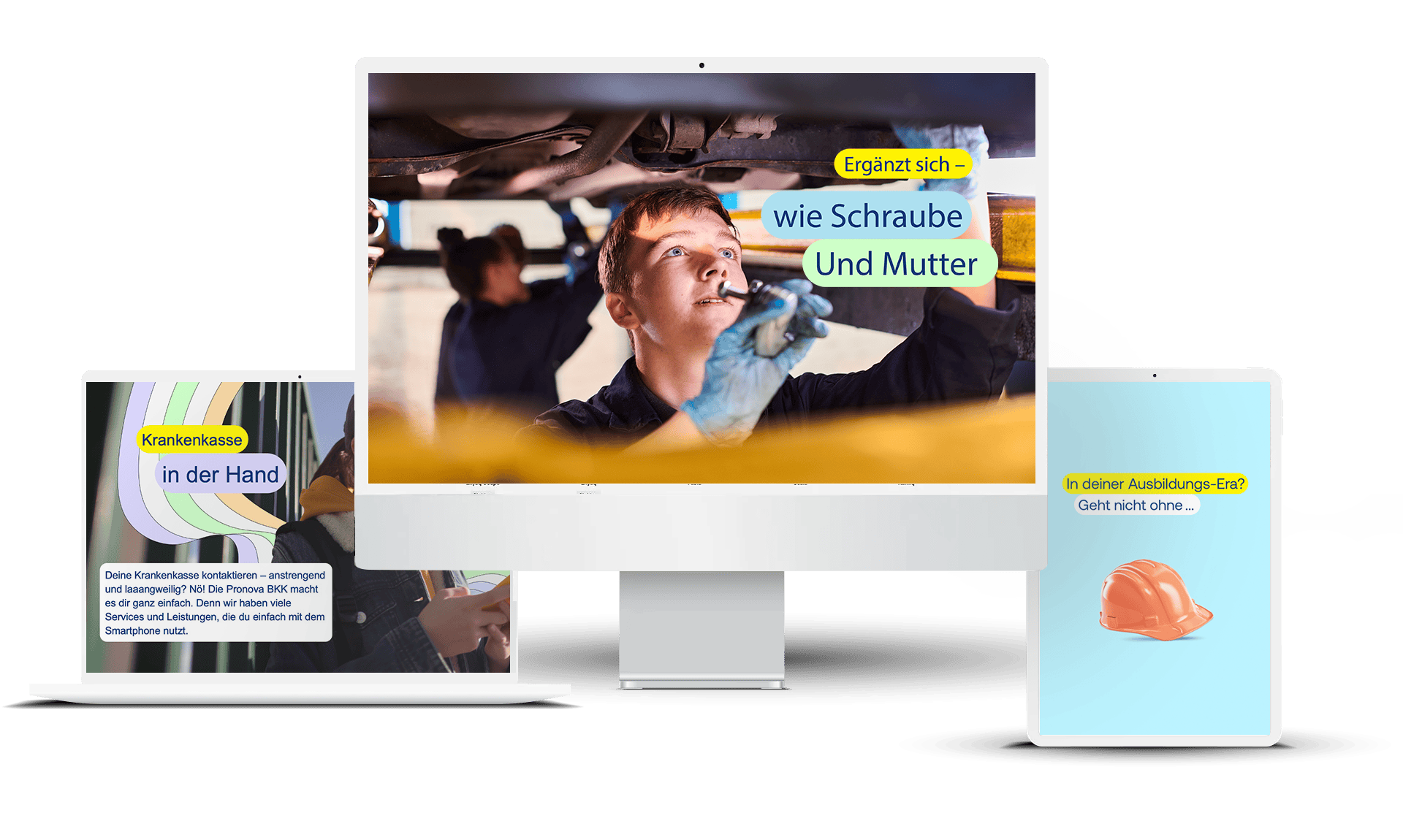 Mockup des Werbemittels mit Zielgruppe Mechaniker-Azubis und weiterer Kampagnen-Formate