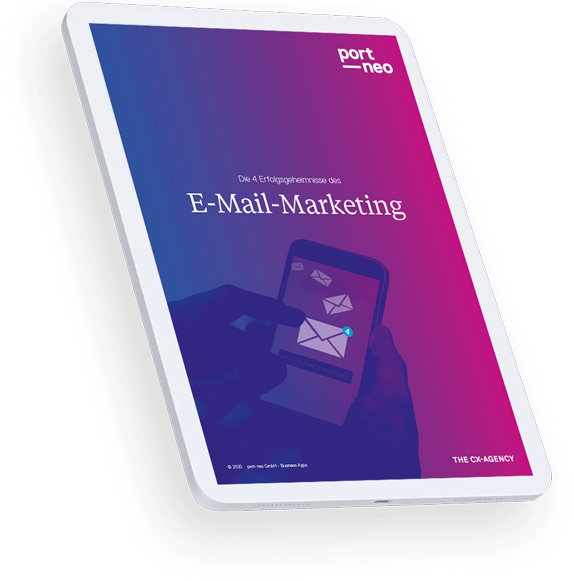 Tablet-Mock-up mit dem Cover des Whitepapers „Die 4 Strategien für erfolgreiches E-Mail-Marketing“.