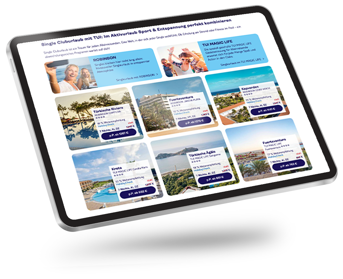 Tablet zeigt TUI-Webseite mit verschieden Cluburlaub-Angeboten für Singles.