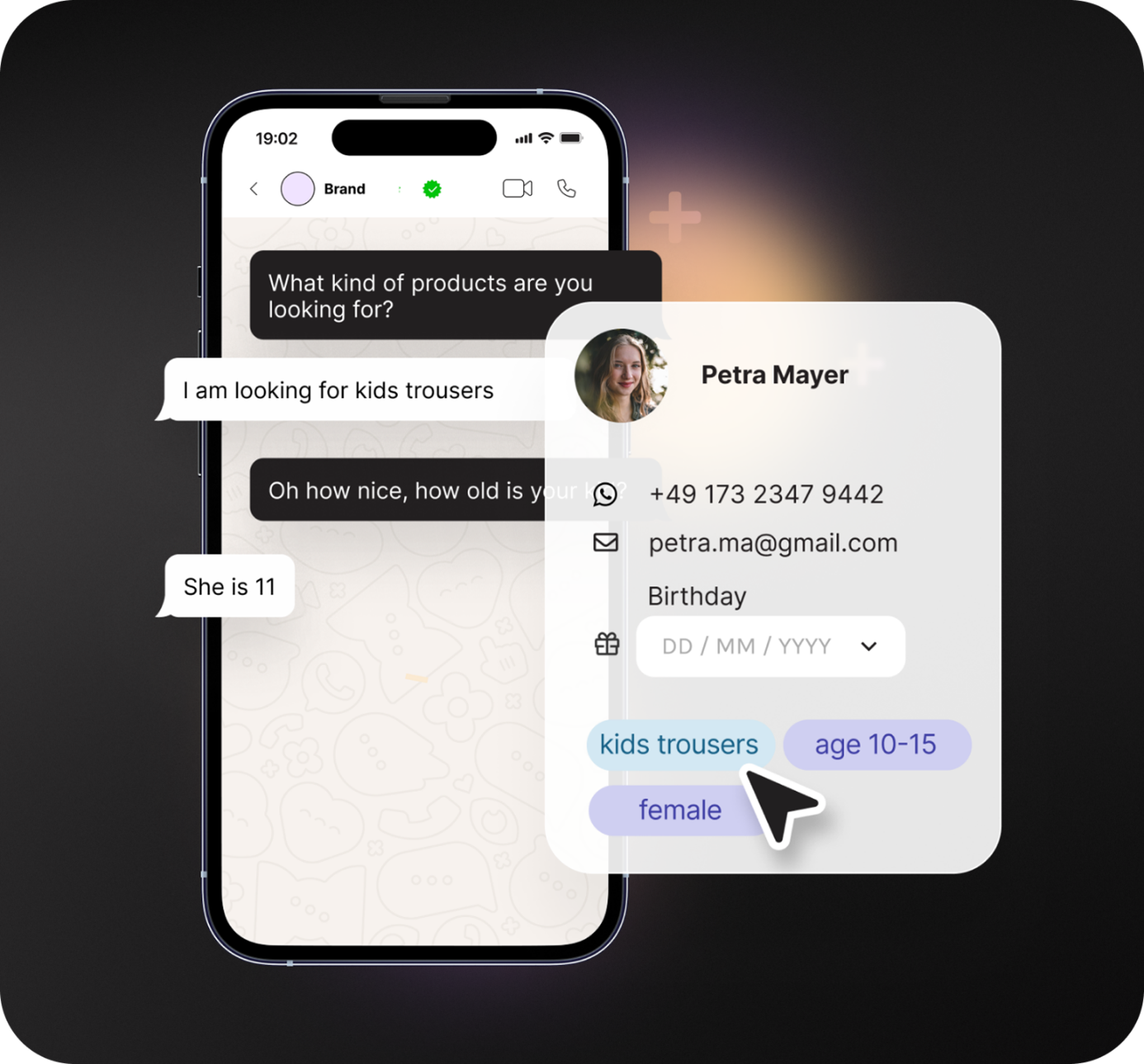 Handy-Screenshot mit Whatsapp Chat, Personendaten einer jungen Frau werden angezeigt